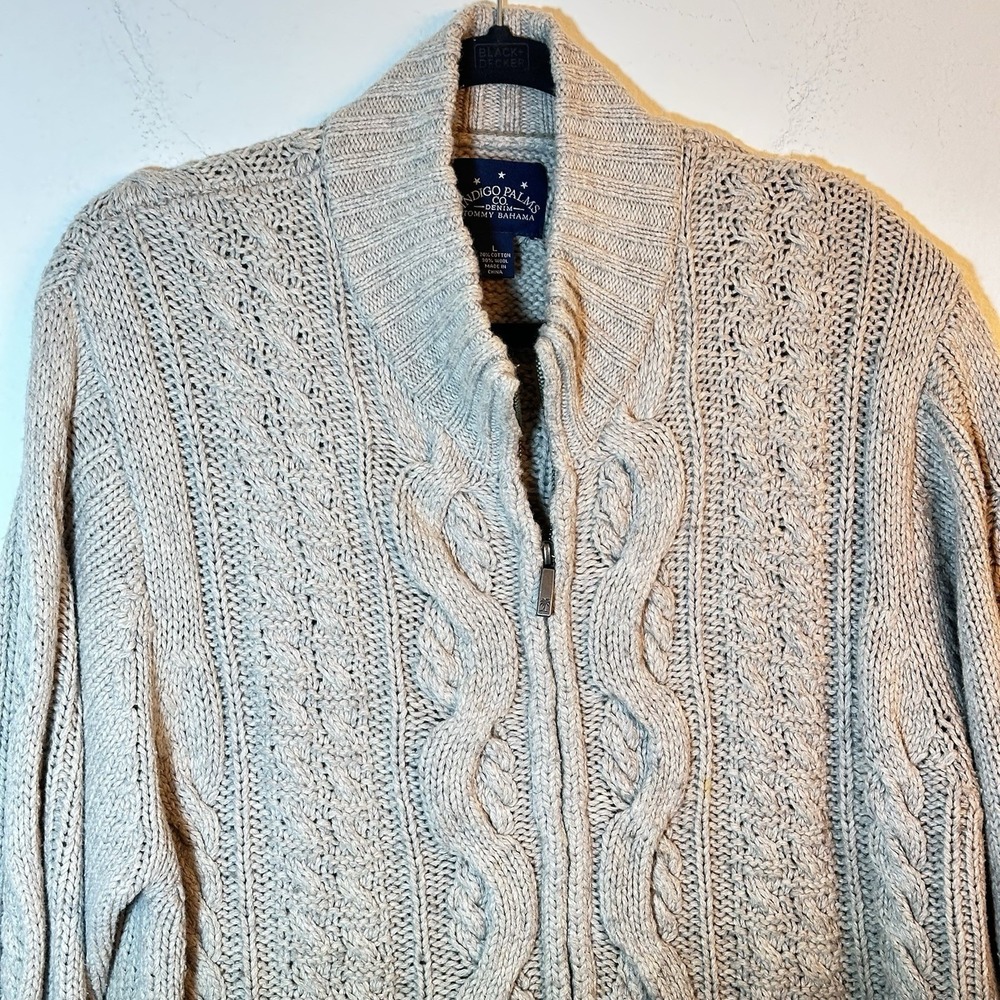 Tommy Bahama Indigo Palms Cable Knit Sweater Full Zip Wool Blend Chunky M Large - Picture 9 of 9